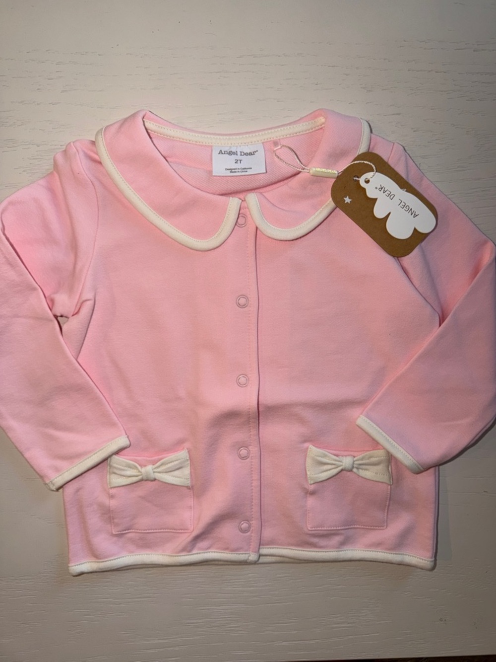 Angel Dear Pink Baby Cardigan Jacket with Cream Trim and Bow Pockets 2T 3T 4T